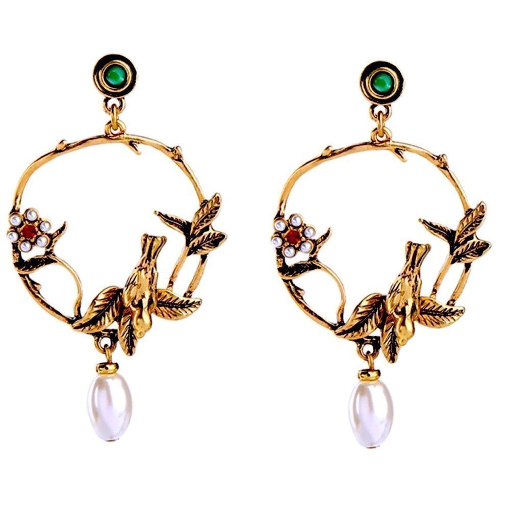 Vintage Inspired Bird Flowers Leaves Faux Pearl Hoop Earrings NWT